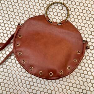 Large Brown leather circle bag purse with brass hardware and grommets